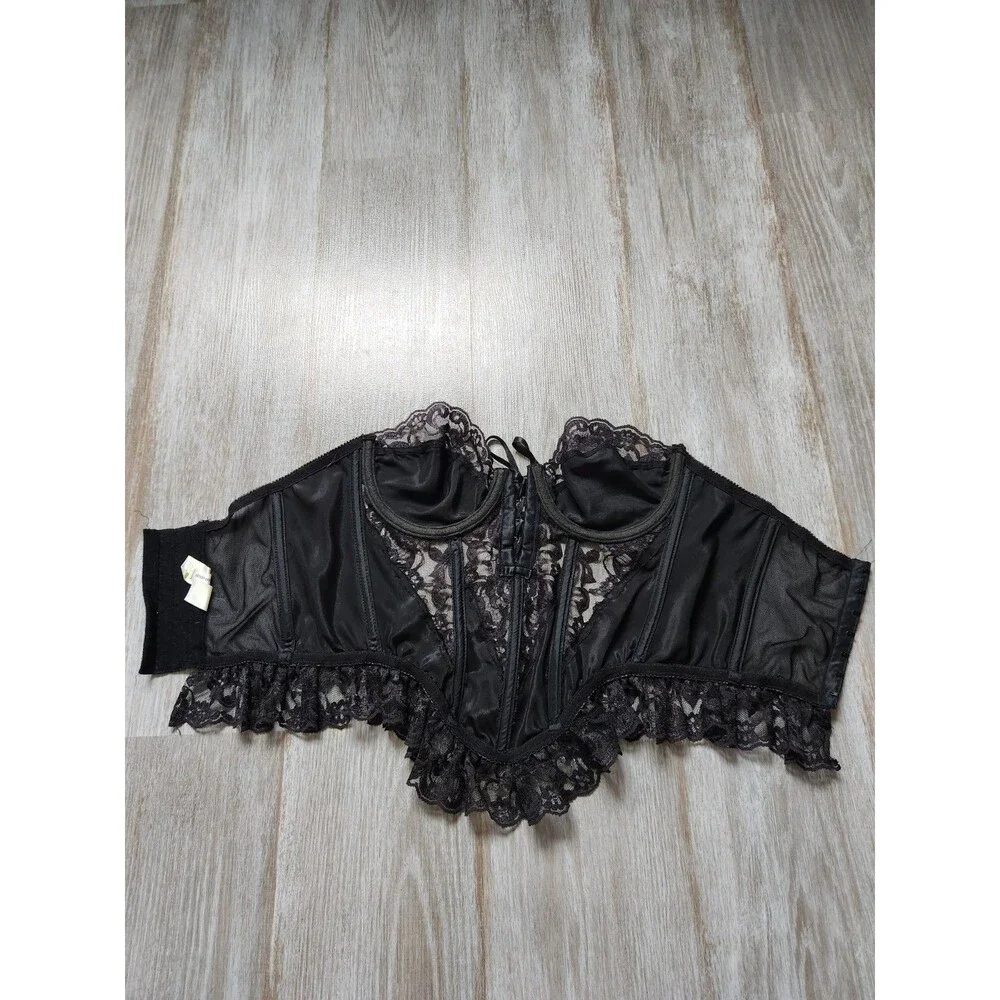 VTG Victoria’s Secret Gold Crown Corset 32B Black Lace Satin Sheer Bustier EUC - Picture 9 of 9
